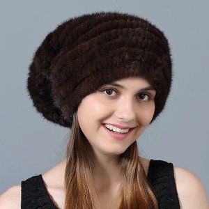 Knit Mink Fur Beanie Hat